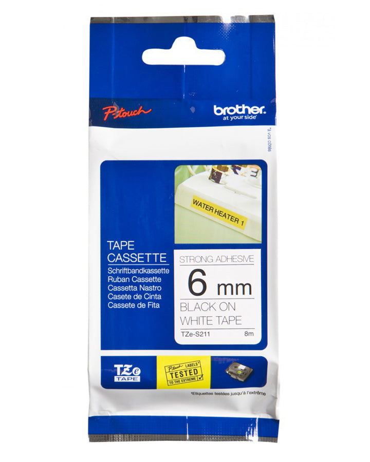 Brother TZES211 | 6mm Black on White Strong Adhesive TZE Tape