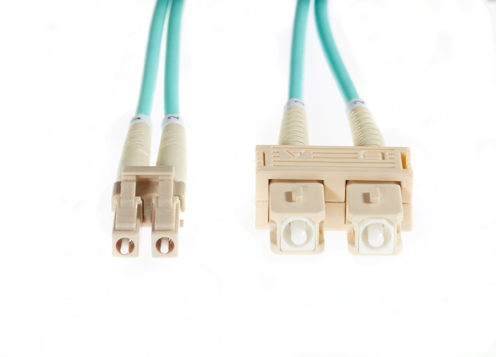 0.5m LC-SC OM4 Multimode Fibre Optic Cable: 3mm Oversleeving | Aqua